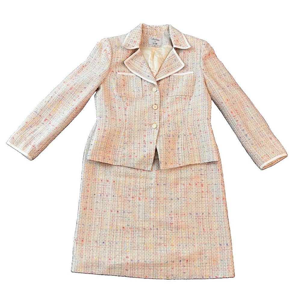 Collection For Le Suit Women's Confetti Tweed Skirt Suit Sz 12 Beige Old Money - Picture 2 of 10